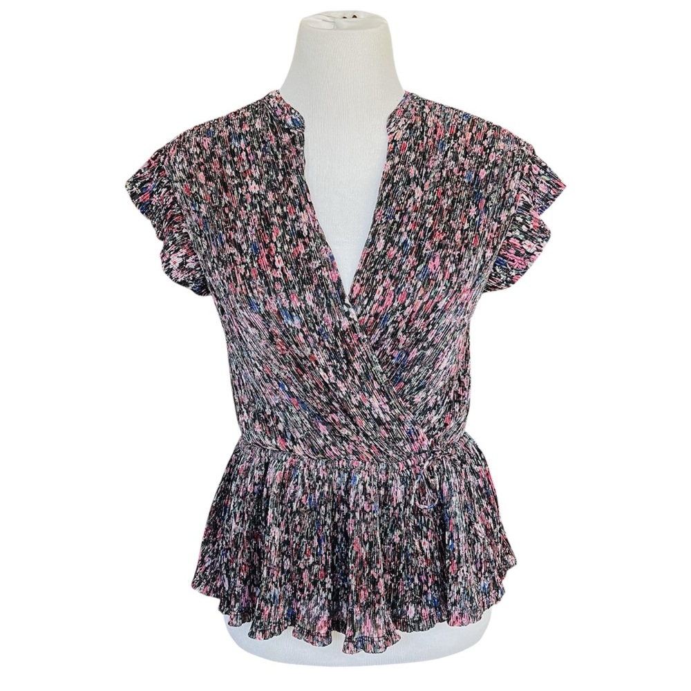 Anthropologie Dionne Metallic Floral Blouse Pleated Wrap Top Multicolor XS - Picture 4 of 9